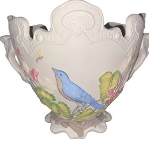 Vintage Signed Majolica Style French Pottery 3D Hand Painted Blue Bird Planter